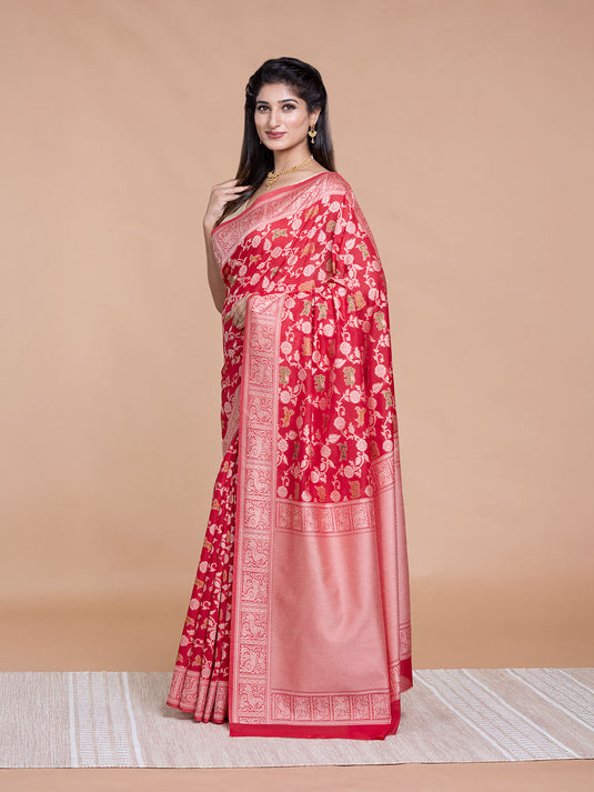 Red Resham Weave Banarasi Cotton Saree