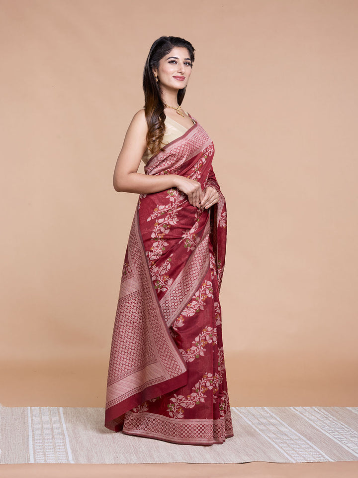 Maroon Resham Weave Mulmul Cotton Saree