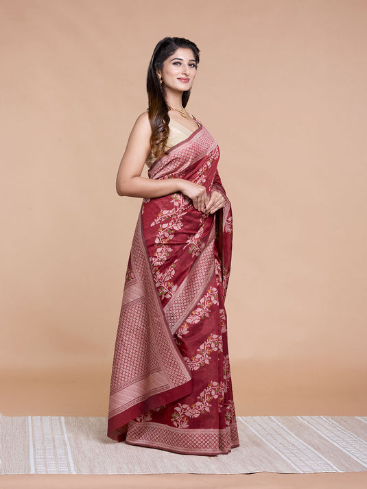 Maroon Resham Weave Banarasi Cotton Saree