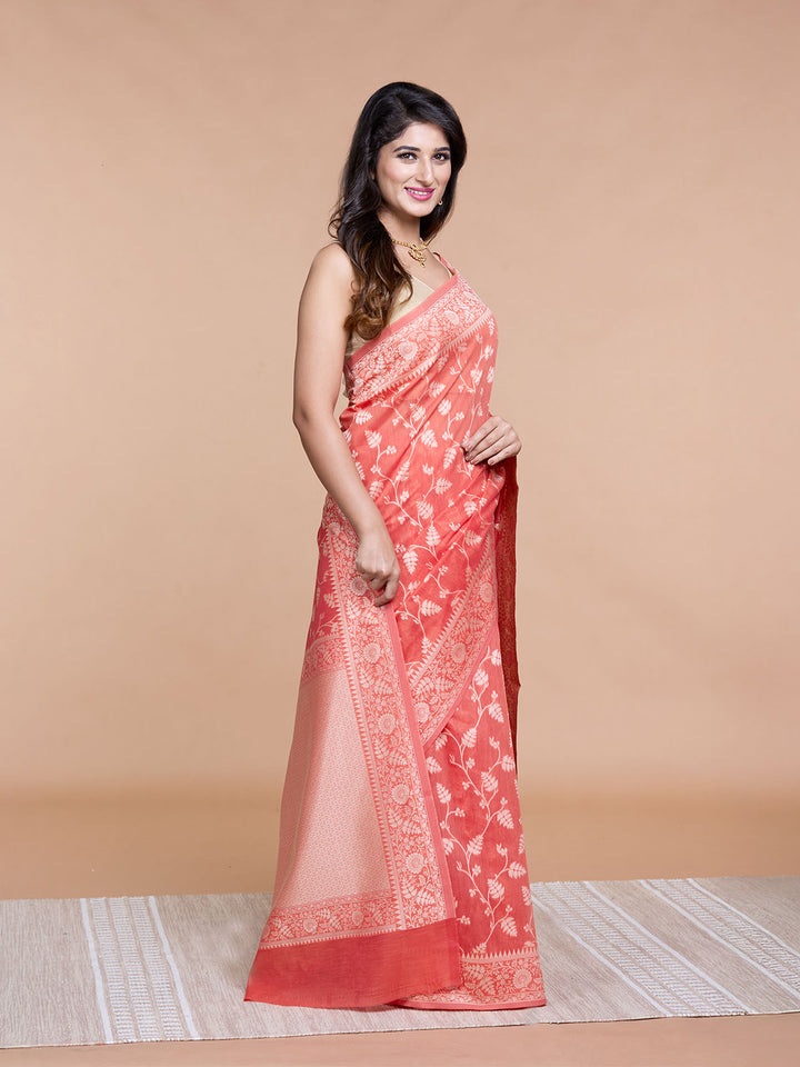 Rust Resham Weave Mulmul Cotton Saree