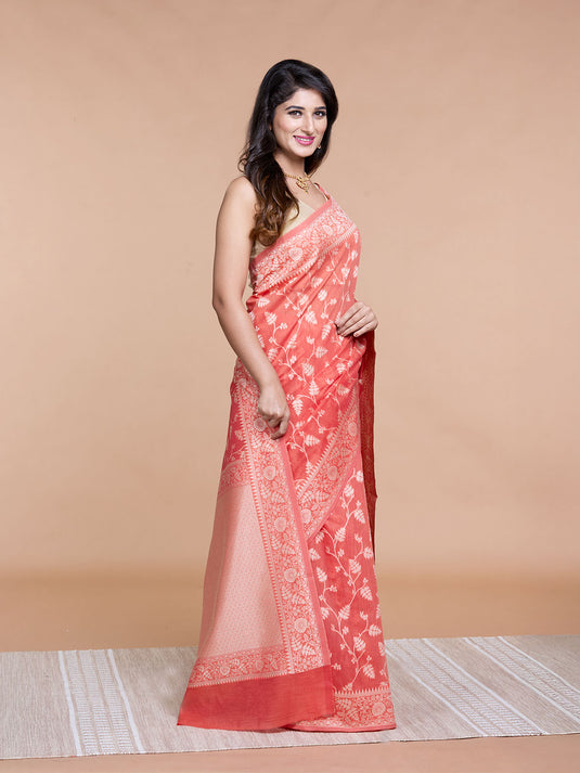Rust Resham Weave Banarasi Cotton Saree