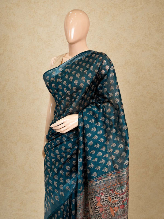 Blue Tussar Printed Saree