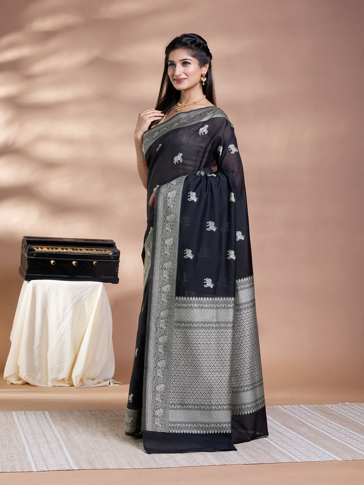 Black Resham Weave Mulmul Cotton Saree