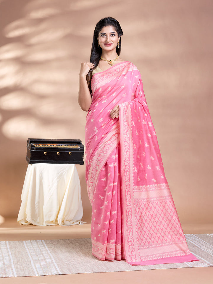 Pink Resham Weave Mulmul Cotton Saree