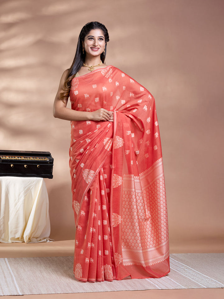 Orange Resham Weave Mulmul Cotton Saree