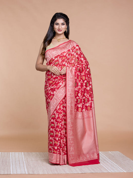 Red Resham Weave Banarasi Cotton Saree