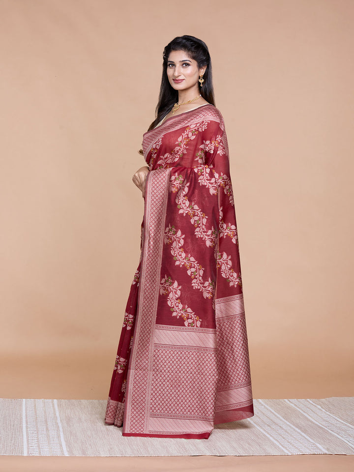 Maroon Resham Weave Mulmul Cotton Saree