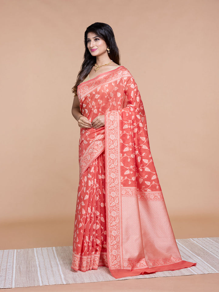 Rust Resham Weave Mulmul Cotton Saree