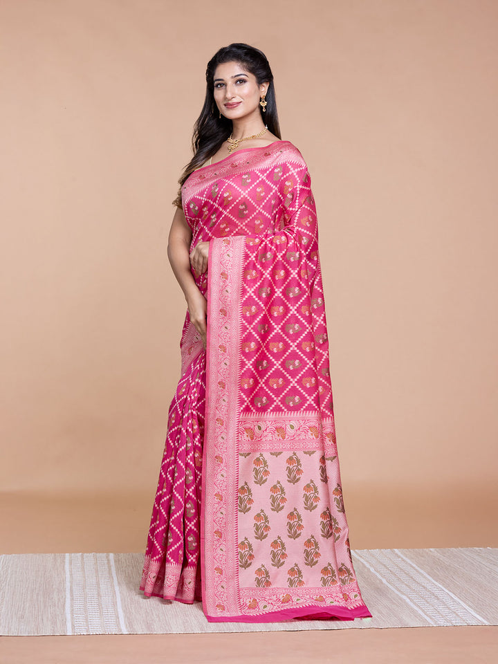 Rani Pink Resham Weave Mulmul Cotton Saree