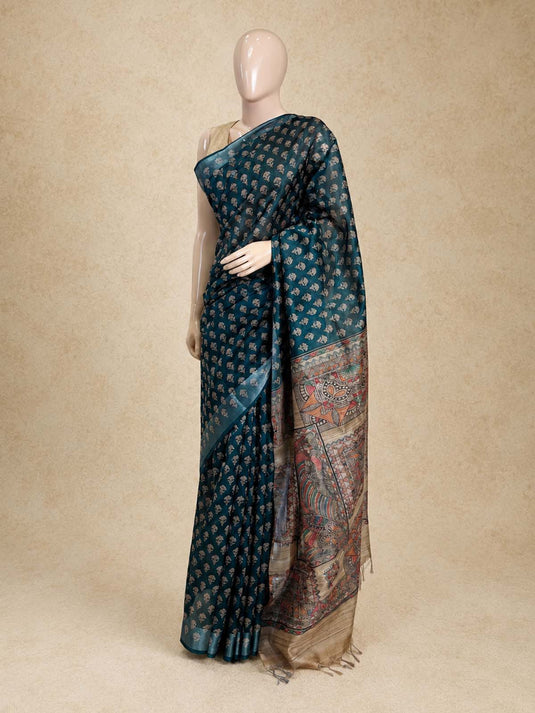 Blue Tussar Printed Saree