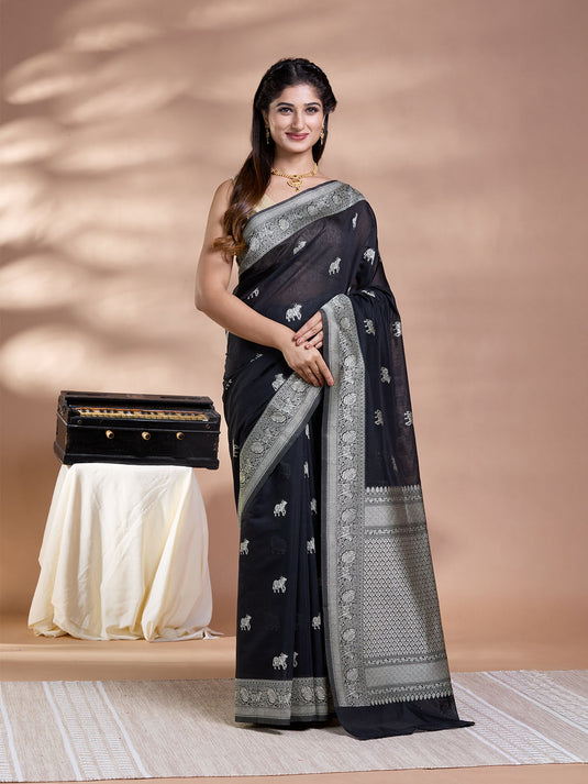 Black Resham Weave Mulmul Cotton Saree