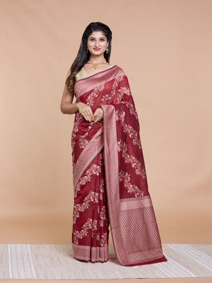 Maroon Resham Weave Mulmul Cotton Saree