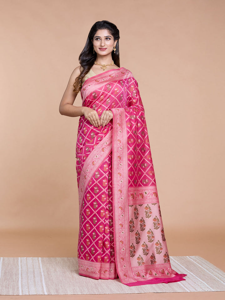Rani Pink Resham Weave Mulmul Cotton Saree