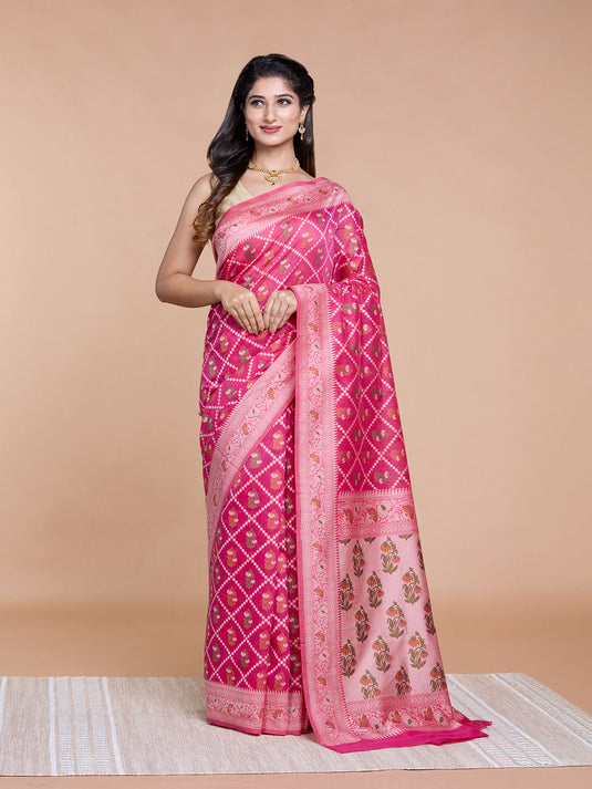 Rani Pink Resham Weave Mulmul Cotton Saree