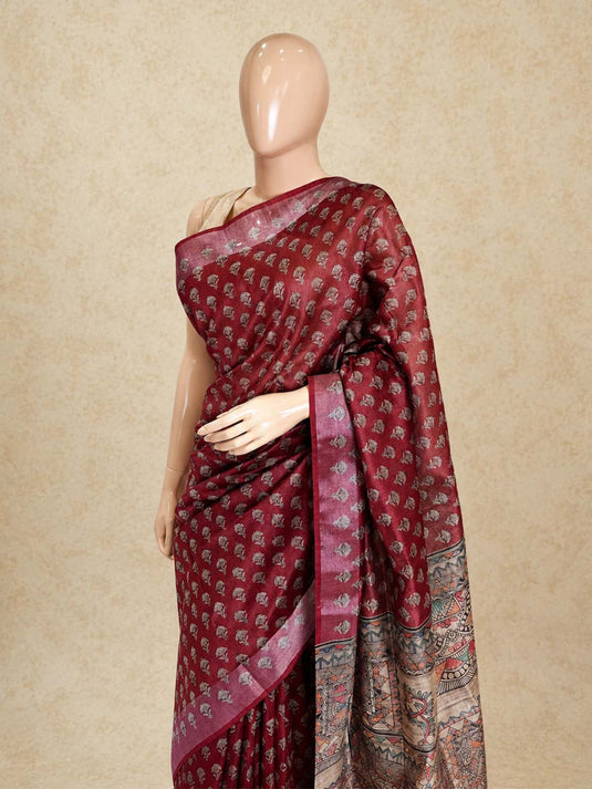 Red Tussar Printed Saree