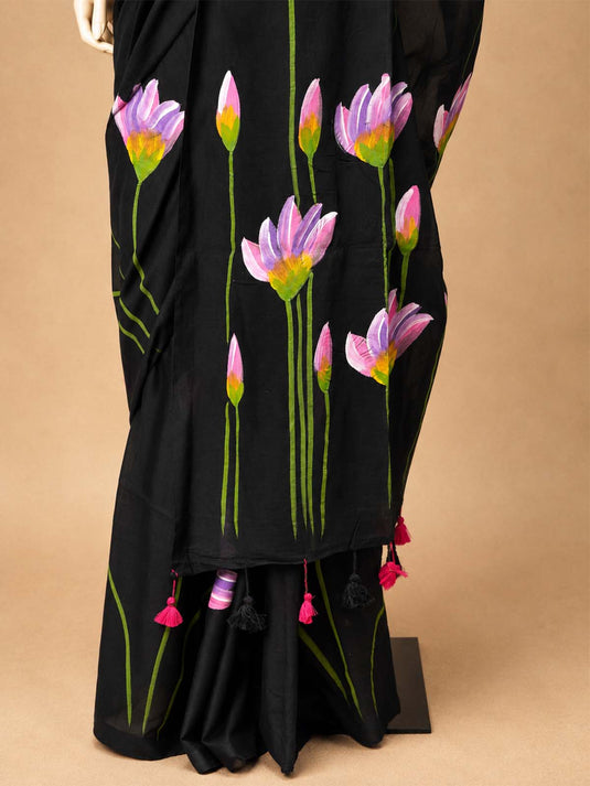 Black Cotton Hand Painted Saree