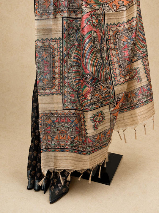 Black Tussar Printed Saree