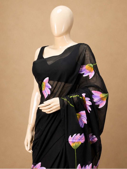 Black Cotton Hand Painted Saree