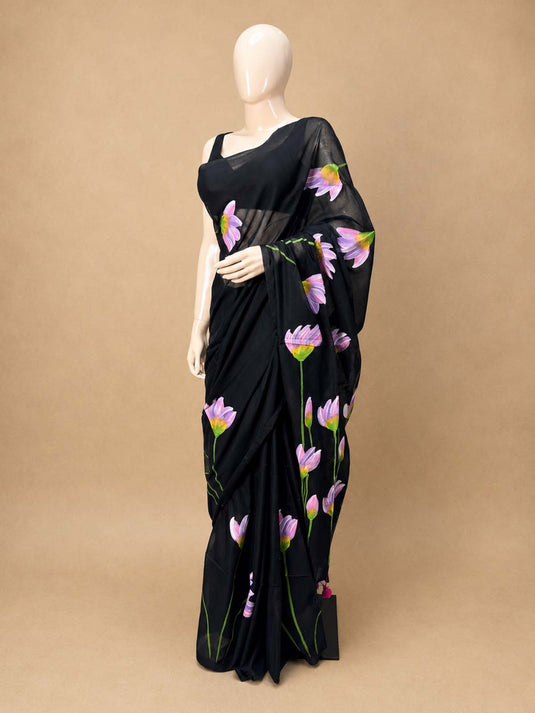 Black Cotton Hand Painted Saree