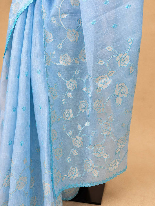 Blue Linen Embroiderd Applique Saree
