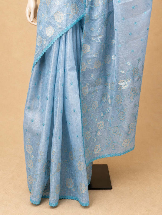 Blue Linen Embroiderd Applique Saree
