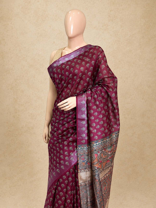 Magenta Tussar Printed Saree