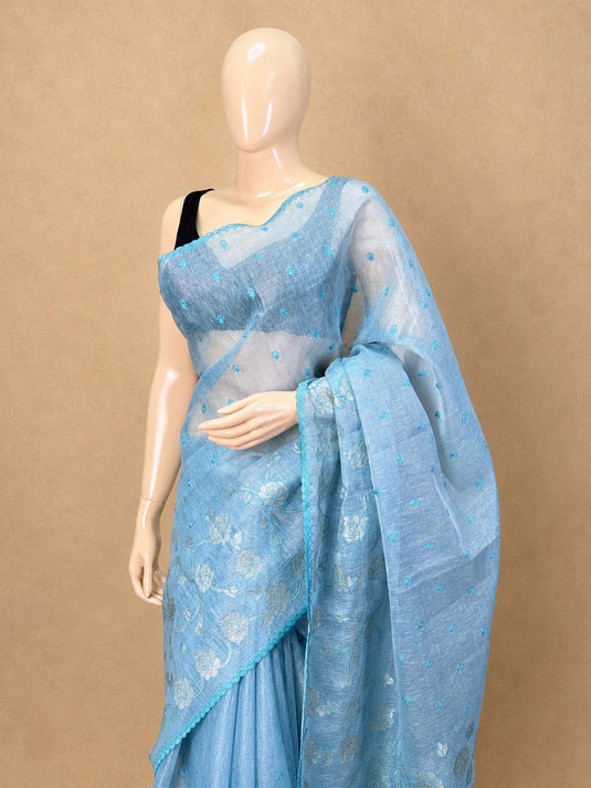 Blue Linen Embroiderd Applique Saree
