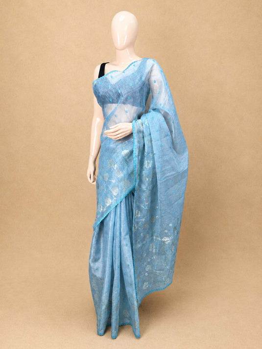 Blue Linen Embroiderd Applique Saree