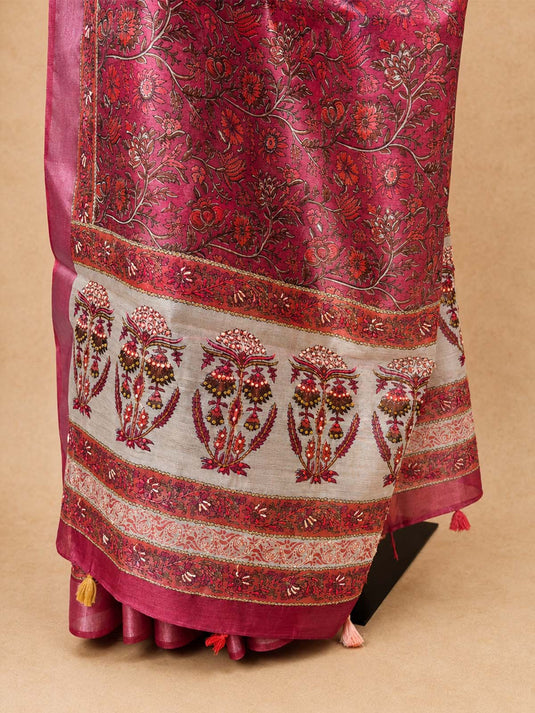 Red Tussar Printed Saree
