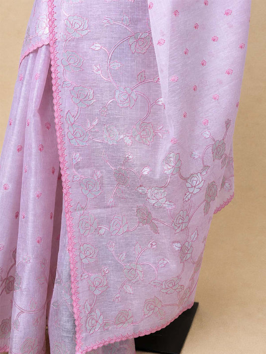 Pink Linen Embroiderd Applique Saree