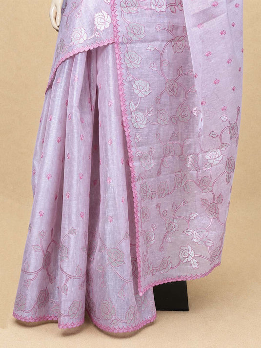 Pink Linen Embroiderd Applique Saree