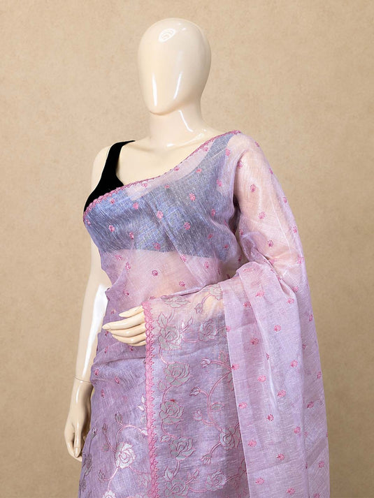 Pink Linen Embroiderd Applique Saree