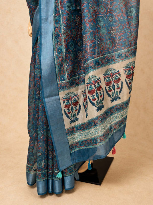 Blue Tussar Printed Saree