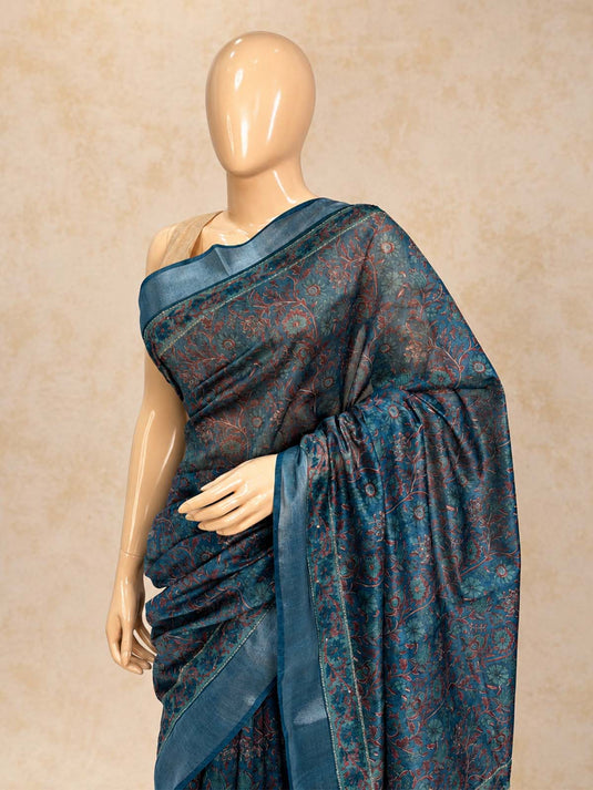 Blue Tussar Printed Saree