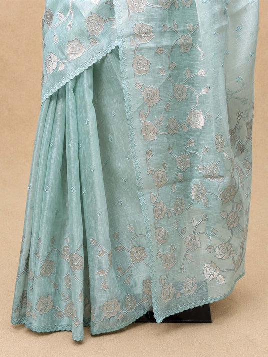 Teal Linen Embroiderd Applique Saree