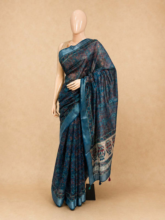 Blue Tussar Printed Saree