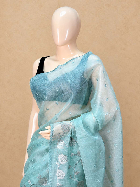 Teal Linen Embroiderd Applique Saree