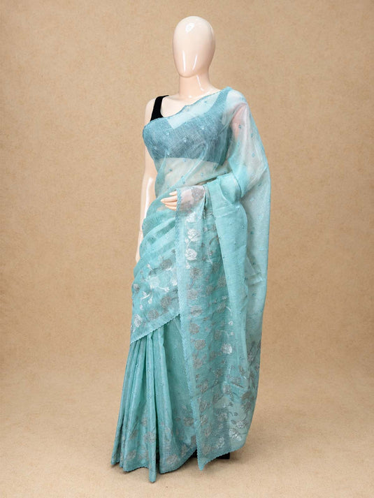 Teal Linen Embroiderd Applique Saree