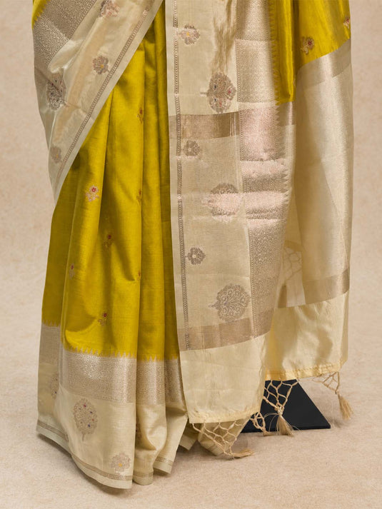 Yellow Semi Raw Mango Zari Woven Saree