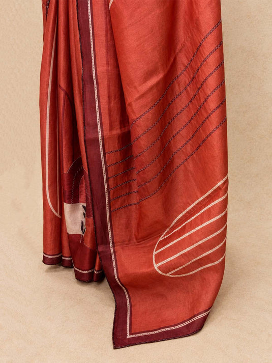 Rust Tussar Printed Saree
