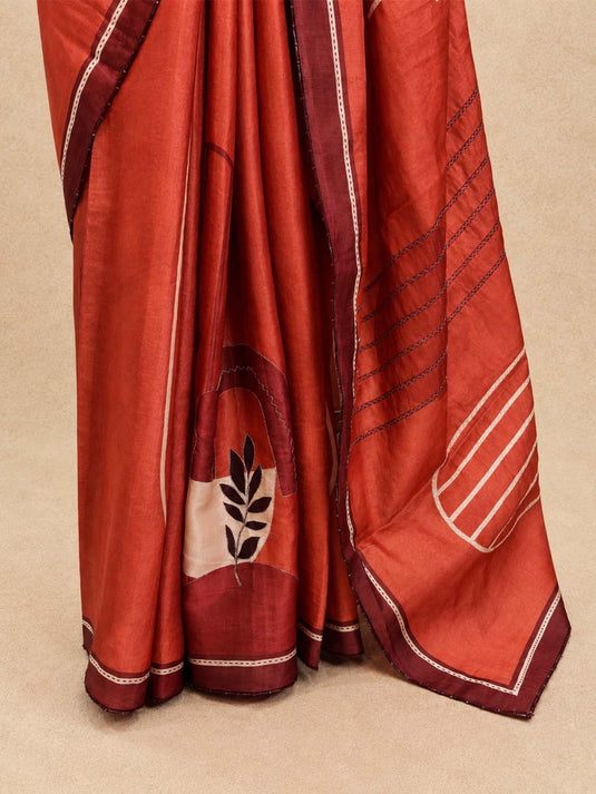 Rust Tussar Printed Saree