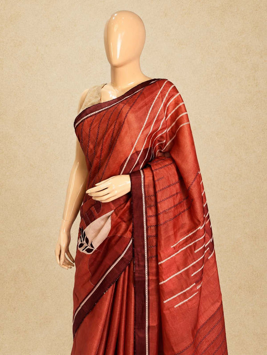 Rust Tussar Printed Saree