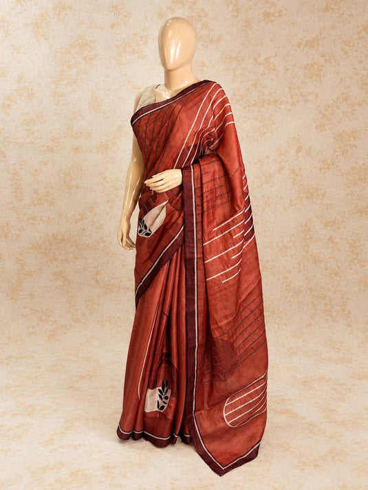 Rust Tussar Printed Saree