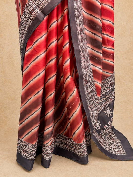 Red and Grey Tussar Printed Saree