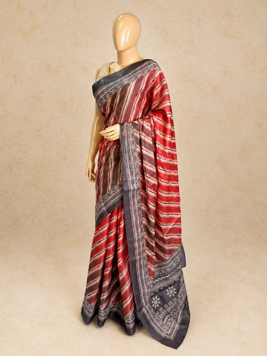 Red and Grey Tussar Printed Saree