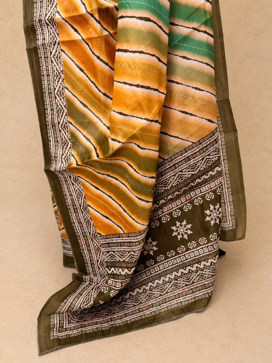 Orange and Green Tussar Printed Saree