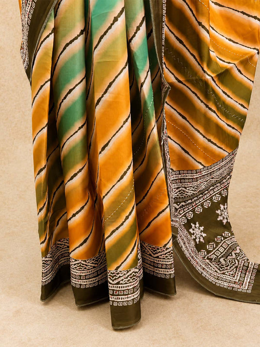 Orange and Green Tussar Printed Saree