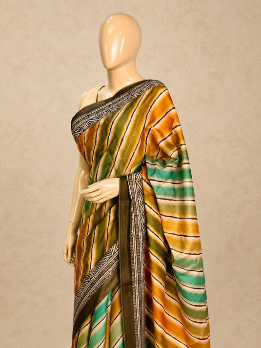 Orange and Green Tussar Printed Saree