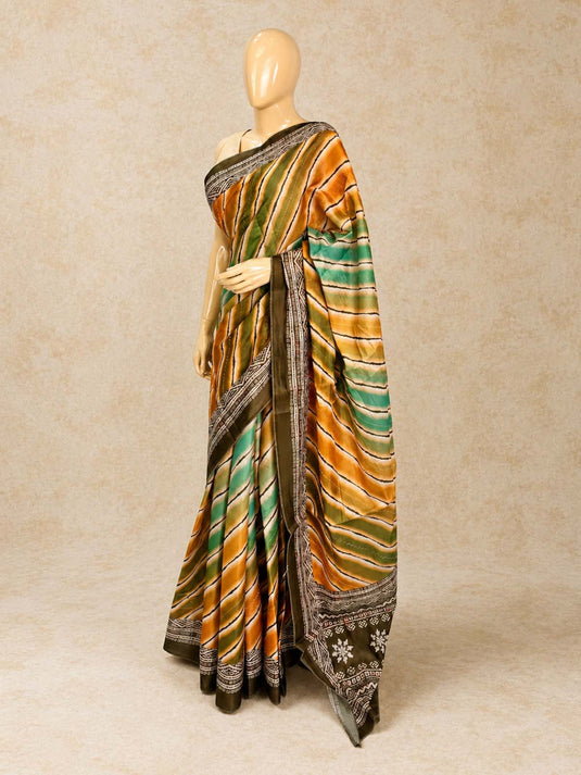 Orange and Green Tussar Printed Saree
