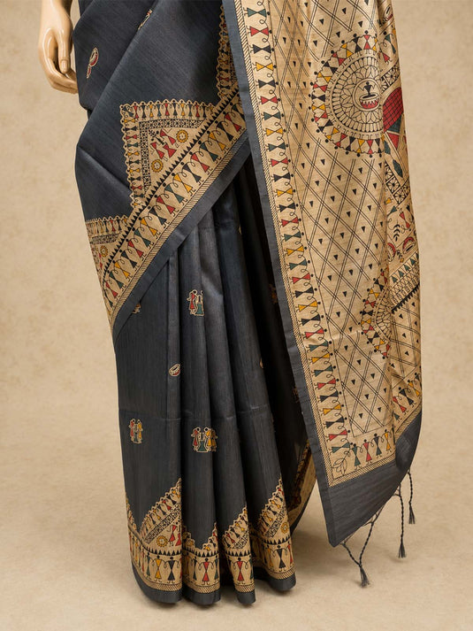 Grey  Tussar Printed Saree